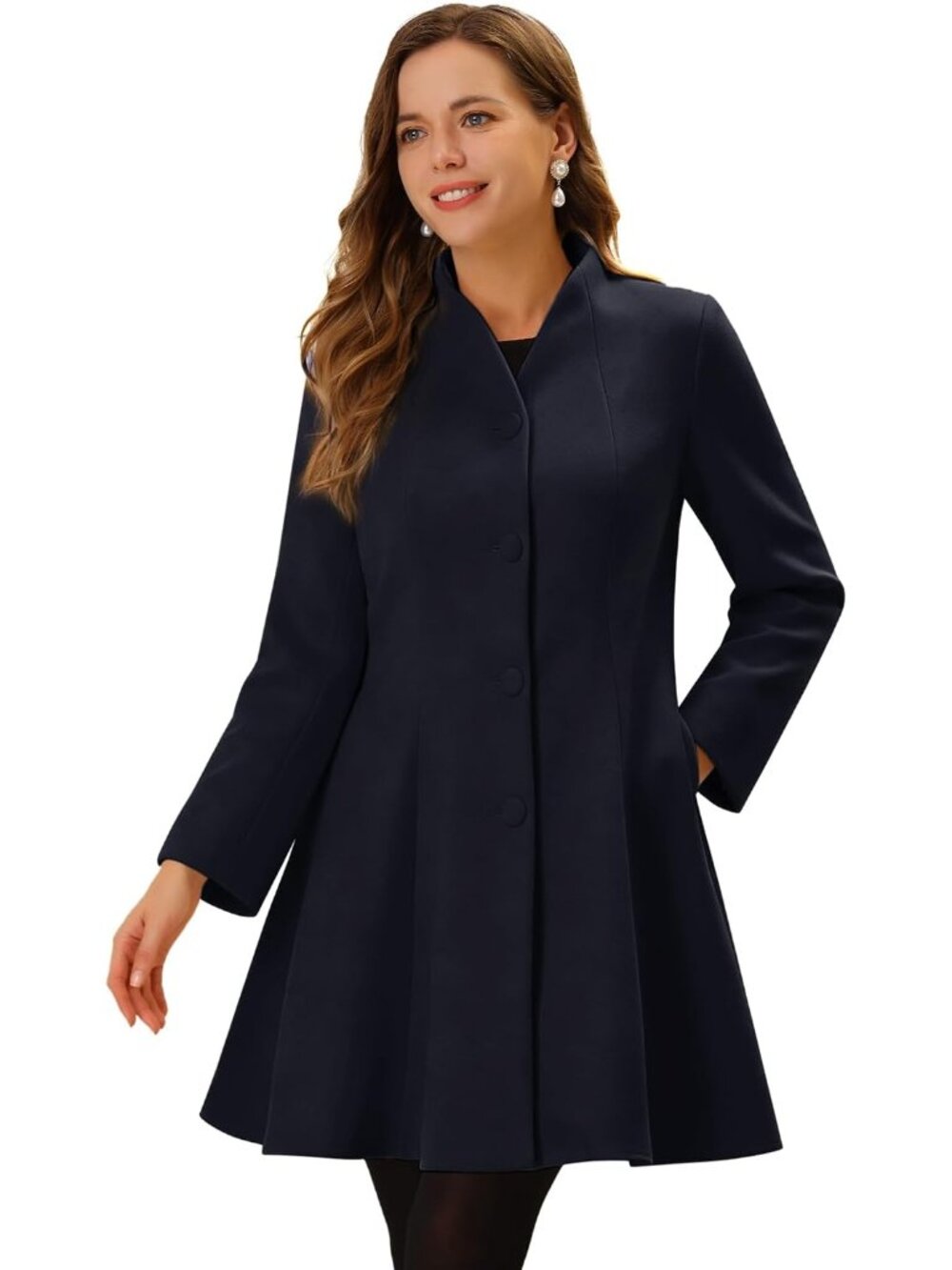 Women's Dark Blue Single Breasted A Line Mid-Long Winter Long Sleeve Trench Coat